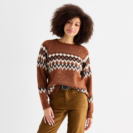 a.n.a Womens Crew Neck Long Sleeve Pullover Sweater, Petite Large, Brown | JCPenney
