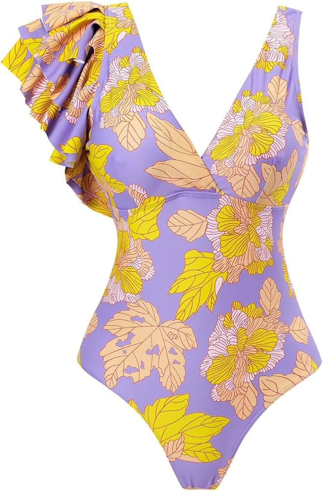 OBEEII Women One Piece Swimsuit Ruffle V Neck Floral Print Bathing Suits Beachwear Padded Monokin... | Amazon (US)