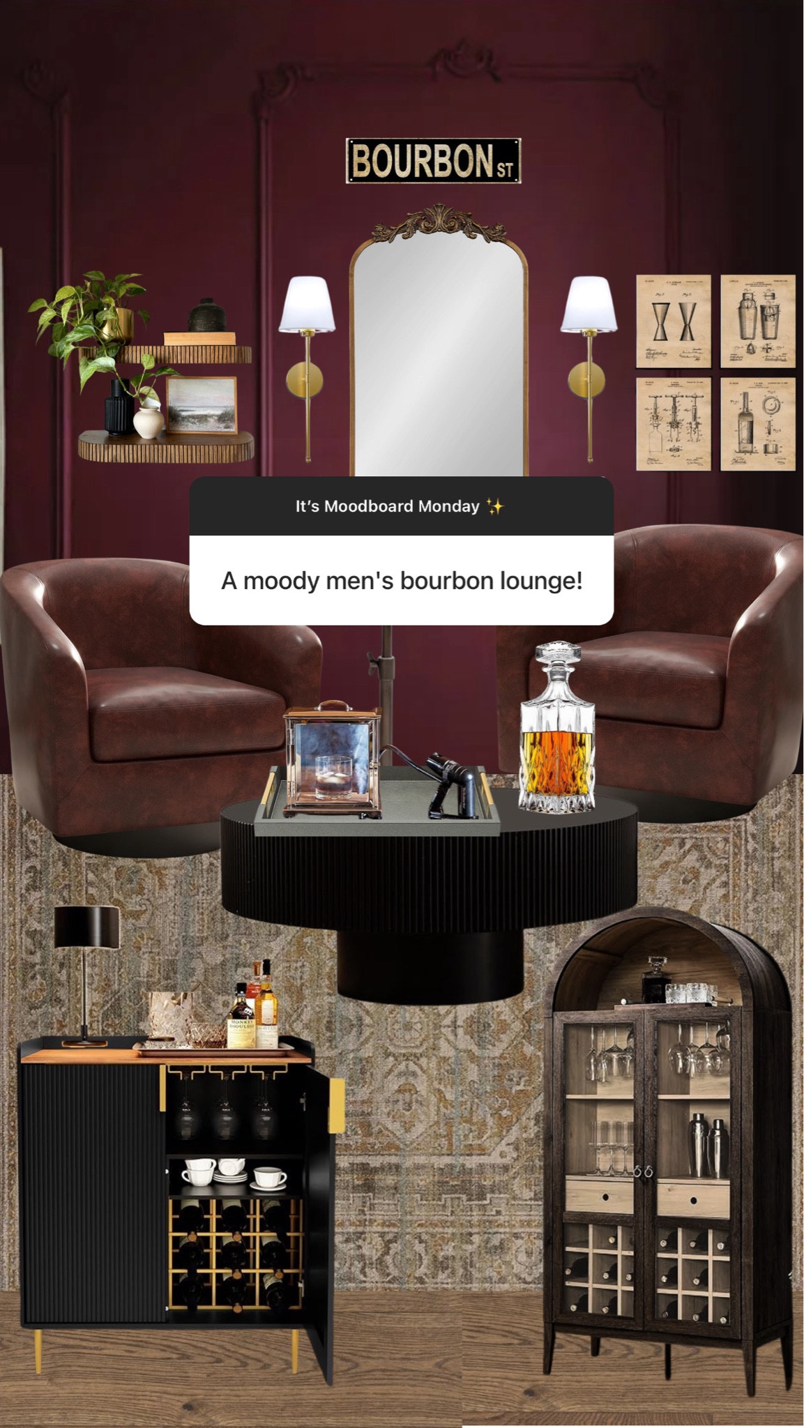 This week’s moodboard Monday!   moody men's bourbon lounge! 

Moody office, leather chair, sconces, bar cart, arch cabinet, bourbon art
 

#LTKFindsUnder100 #LTKMens #LTKHome