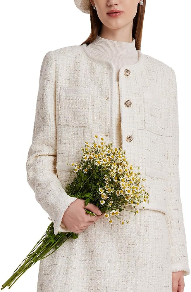 GOELIA Tweed Jacket Blazer for Women Business Casual White Cropped Knit Jacket Fall and Winter | Amazon (US)