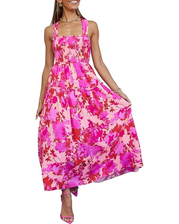 PRETTYGARDEN Women's 2023 Summer Maxi Dress Halter Neck Backless Ruffle Smocked Casual Long Flowy... | Amazon (US)