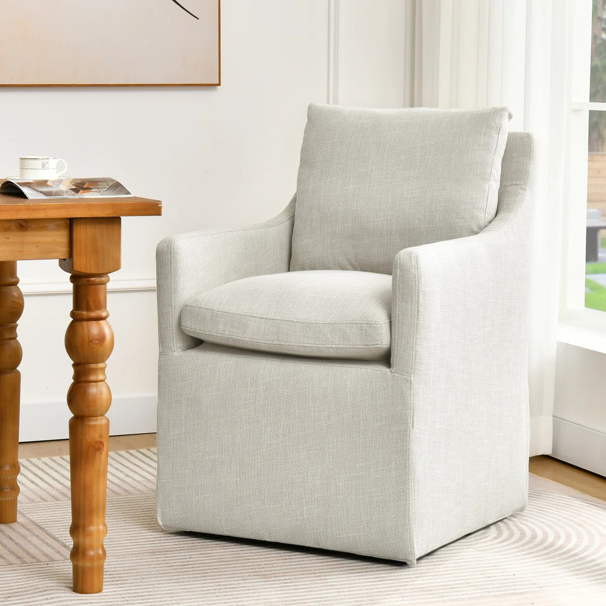 Bronte 24" Wide Country Farmhouse Linen Down Fill Upholstered Dining Armchair | Wayfair North America