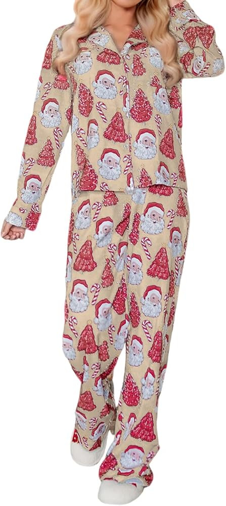 Ecosunny Christmas Santa Pajama Set Women's Long Sleeve Sleepwear Soft Loungewear Two Piece Butto... | Amazon (US)