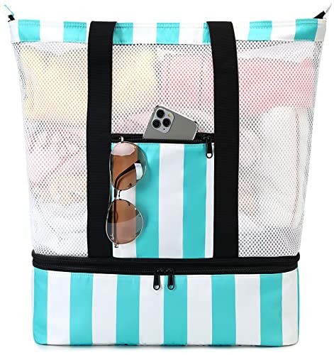 Bluboon Mesh Beach Tote Bag with Cooler Compartment Insulated Detachable Picnic Bag with Zipper and Pocket Pool Bag for Women (Turquoise) | Amazon (US)