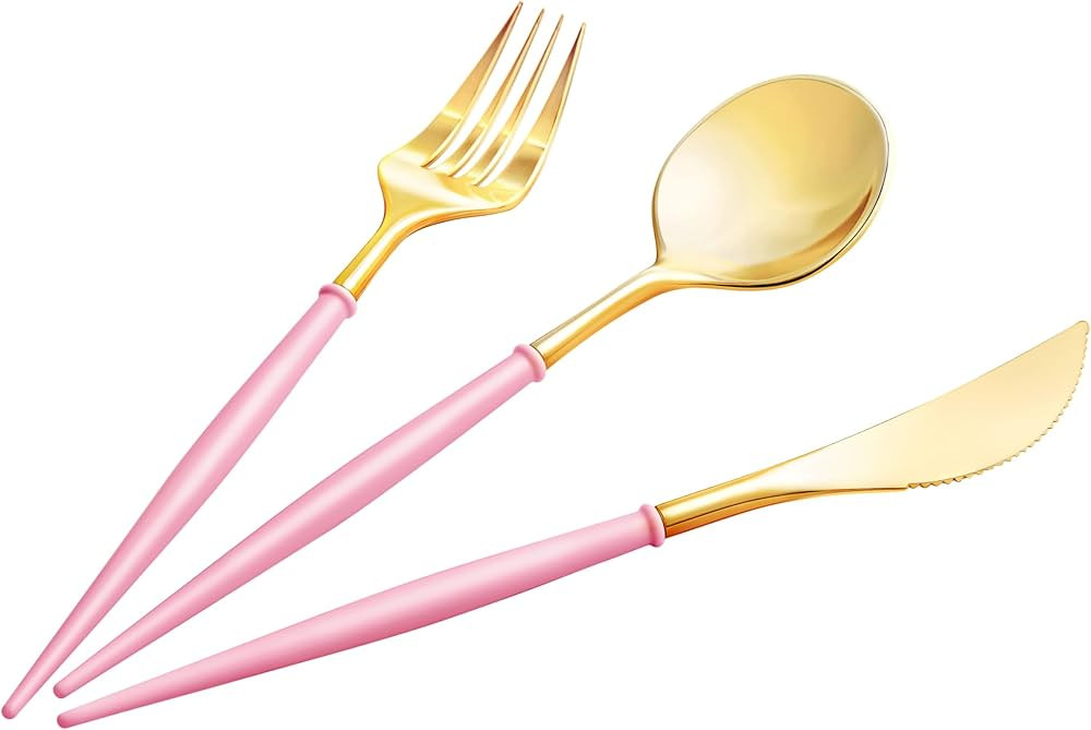 90pcs Gold Plastic Silverware, Gold Disposable Cutlery with Pink Handle Include 30 Forks, 30 Spoo... | Amazon (US)
