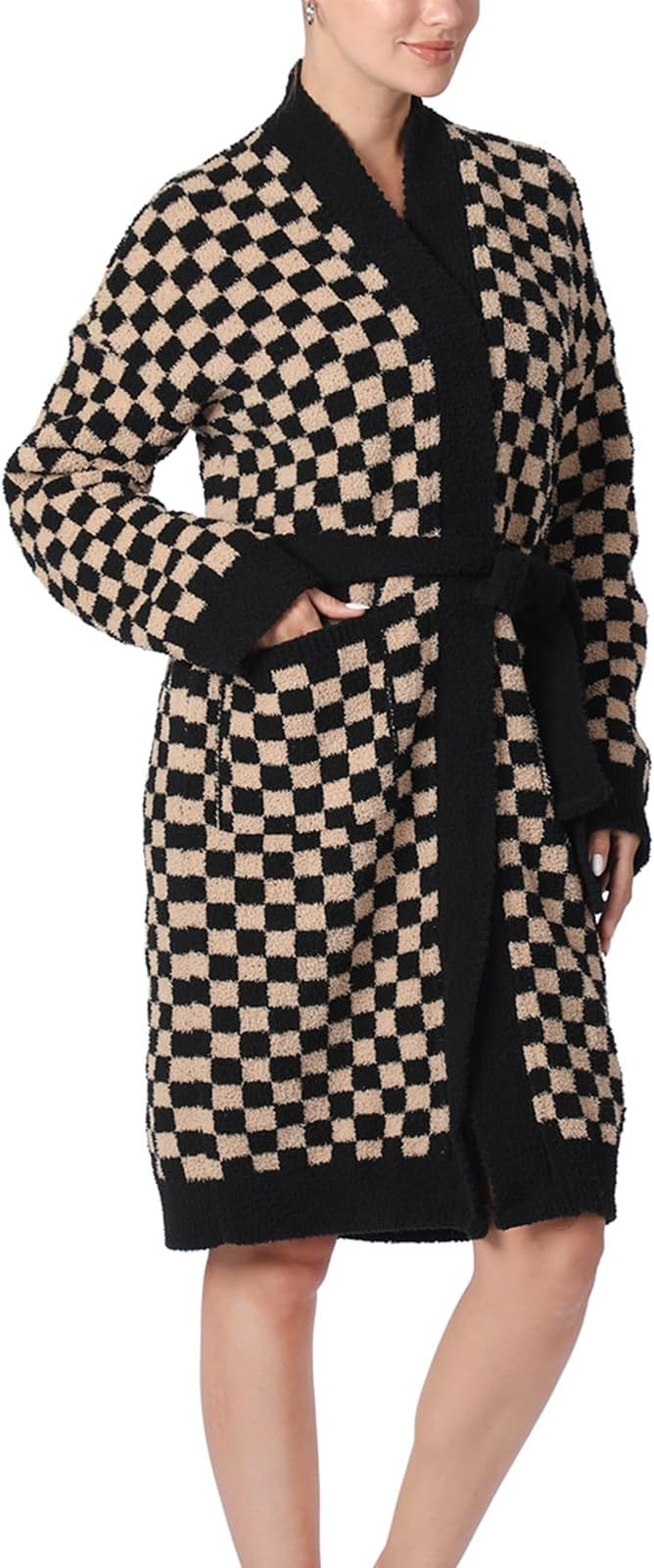 Soft Plush Hooded Robe, Cozy Warm Loungewear Bathrobe with Pockets for Women (Grid-Black/Camel) | Amazon (US)