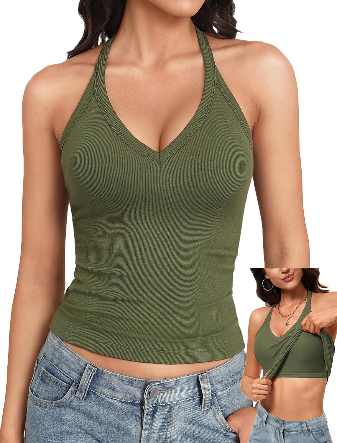 Avidlove V Neck Tank Top for Women Built in Bra Tanks Ribbed Racerback Fitted Long Casual Basic Cami Tops | Amazon (US)