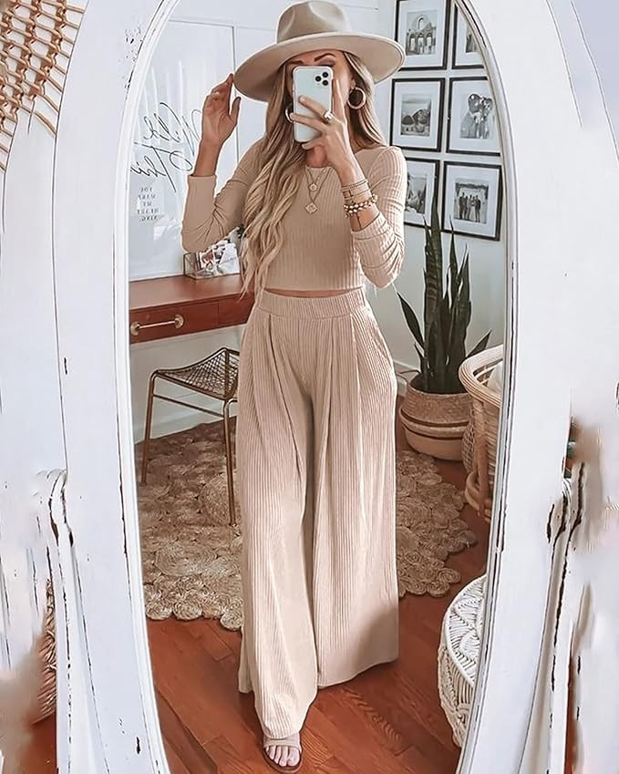 BTFBM Women's Two Piece Lounge Set Long Sleeve Bodycon Ribbed Knit Crop Top Loose Wide Leg Pant C... | Amazon (US)