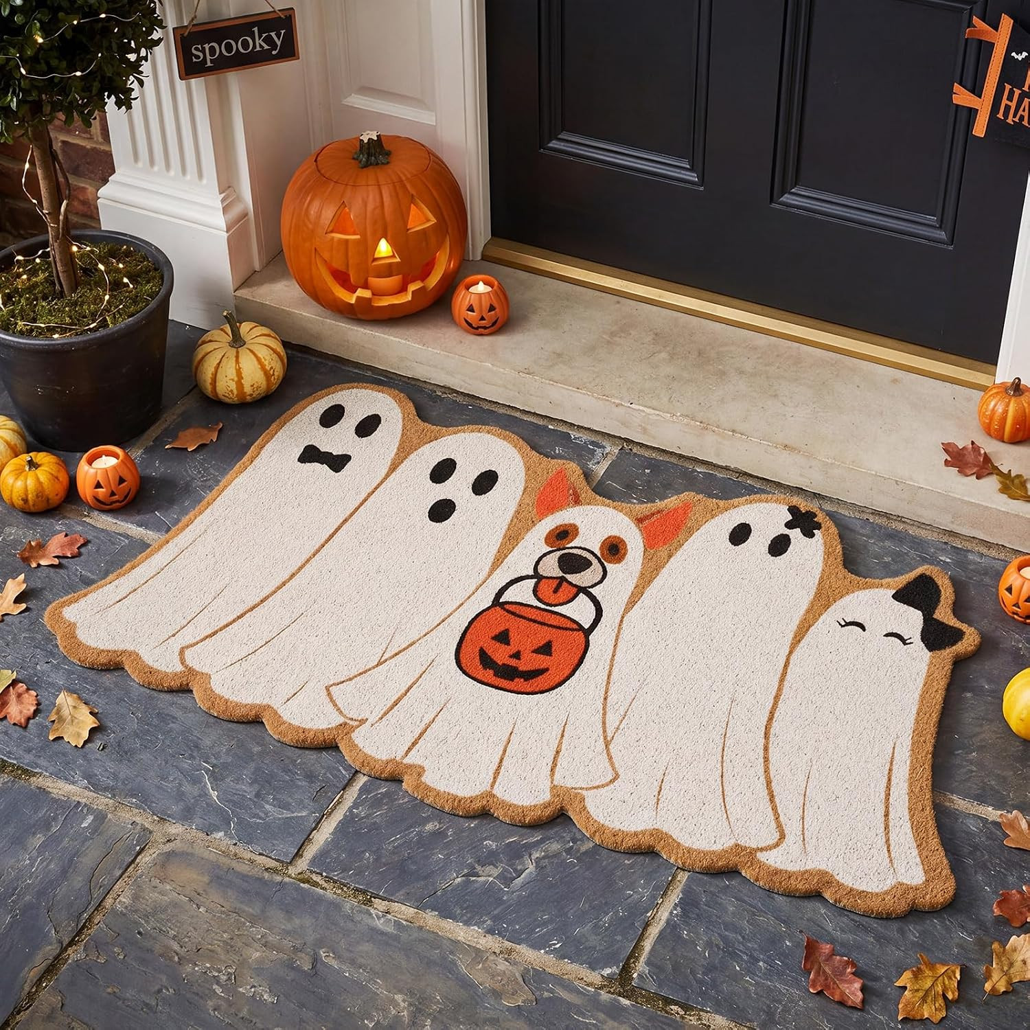 Nuanchu Halloween Ghost Welcome Doormat Outdoor Ghost Coir Door Mat,Dog | Amazon (US)
