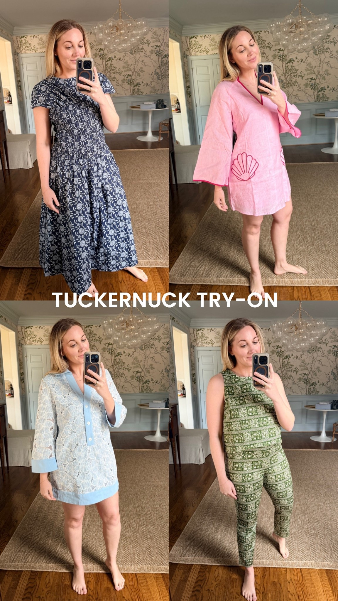 Vacation outfit ideas from Tuckernuck! Love this blue maxi dress. Keeping — although I do think it runs big. Wearing medium in all. Seashell dress is too cute. Blue and white shirt dress has all the details you want 👏🏽 and I love this green pants set. I’m 5 months PP so I don’t think I’m ready for this tight of an outfit but it’s absolutely so cute and comfortable. 10/10 recommend them all for your vacation packing list or upcoming spring break plans 

#LTKTravel