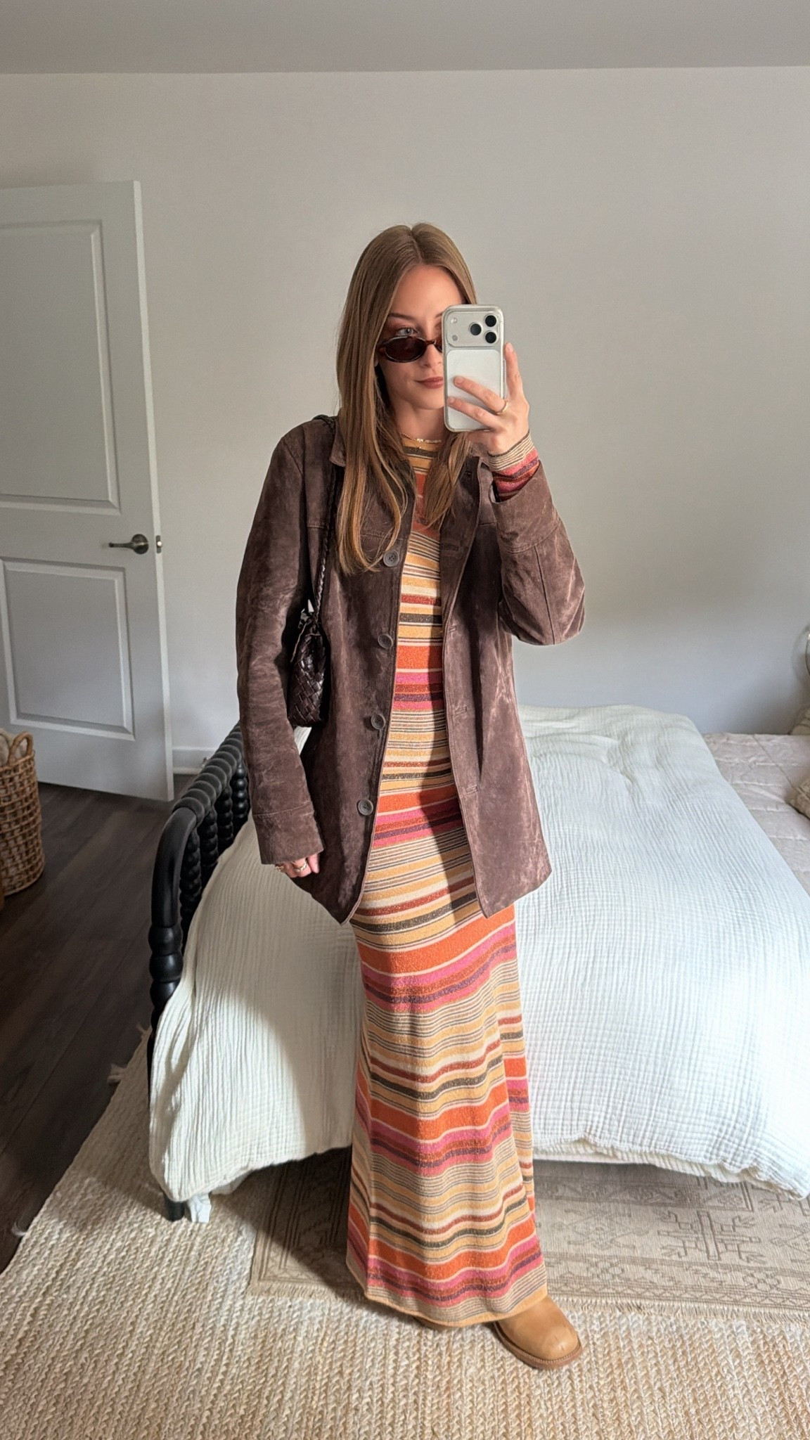 10/12/26 Fall Wedding Celebration Outfit 🍂🤎

A little fall outfit of the night for a backyard wedding celebration for one of my best friends 🍂🤎 Wearing my Faithfull the Brand @Anthropologie from this summer that transitions so perfectly into fall, paired with my @stevemadden-us Riggs boots, an older suede jacket from Amazon Fashion + my favorite Loeffler Randall bag.
Finished the look with my AIRE sunglasses! Linking everything I can here!