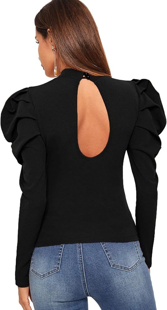 Romwe Women's Elegant Mock Neck Keyhole Back Leg-of-Mutton Long Sleeve Blouse | Amazon (US)