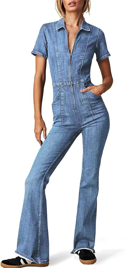 PLNOTME Women's Flare Denim Jumpsuits Cute Short Sleeve Zipper Jeans Long Pants Rompers with Pock... | Amazon (US)