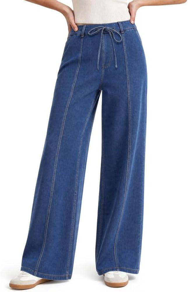 keriffe Women's Wide Leg Jeans Drawstring High Waisted Stretchy Denim Pants | Amazon (US)