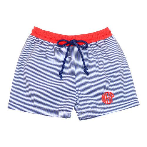 Navy And Red Mini Stripe Swim Trunks | Cecil and Lou