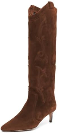 FYS Women Square Toe Knee High Boots Embroidered Kitten Low Heel Western Boots Casual Street Dail... | Amazon (US)