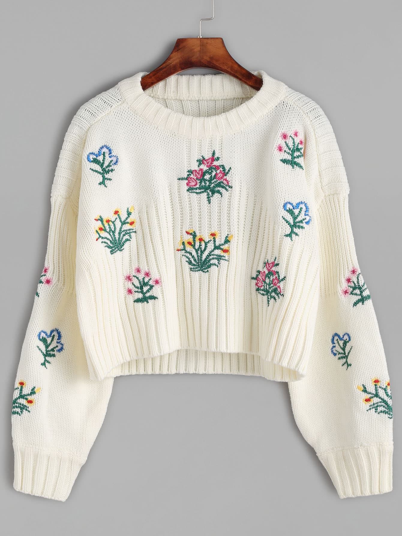 Beige Flower Embroidered Crop Sweater | SHEIN