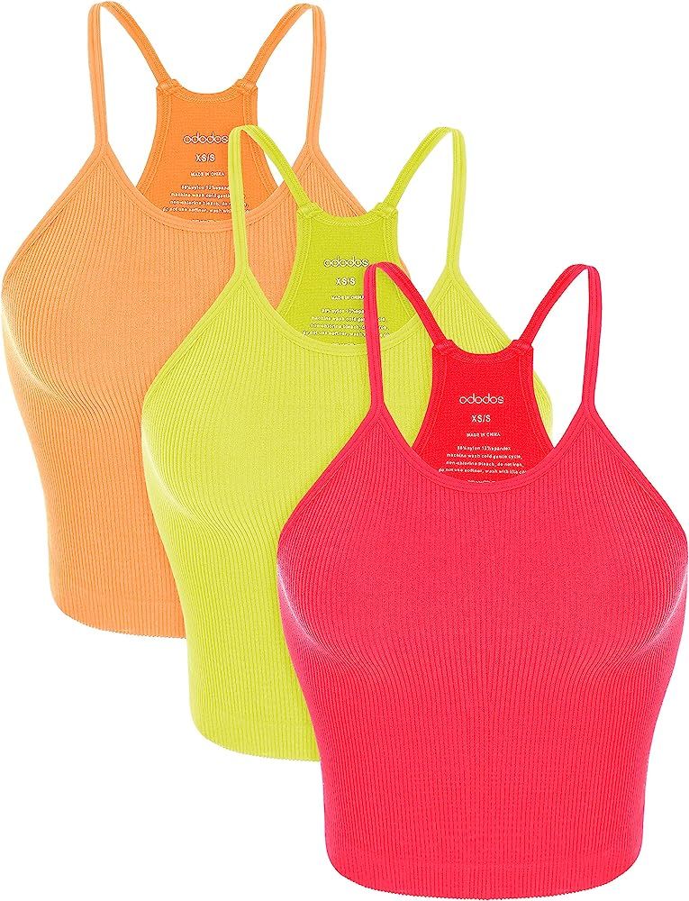 ODODOS Women's Crop 3-Pack Washed Seamless Rib-Knit Camisole Crop Tank Tops | Amazon (US)