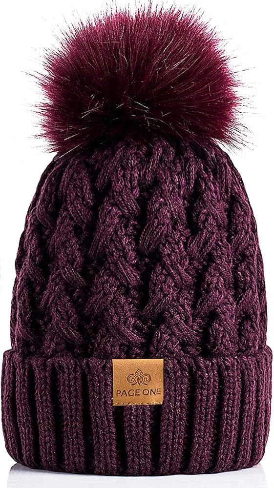 PAGE ONE Womens Winter Ribbed Beanie Crossed Cap Chunky Cable Knit Pompom Soft Warm Hat | Amazon (US)