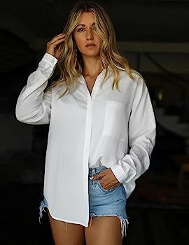 Hotouch Women Button Down Shirts Office Drop Shoulder Oversized Blouse Long Sleeve Boyfriend Shir... | Amazon (US)