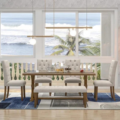 6-Piece Farmhouse Dining Table Set 72" Wood Rectangular Table, 4 Upholstered Chairs With Bench | Wayfair North America