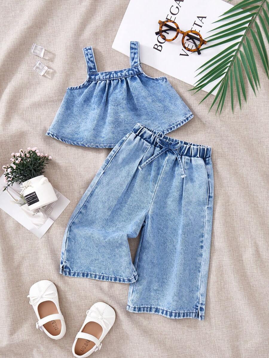 SHEIN 2pcs Baby Girls Denim Suspender Top & Elastic Waist Pants Set,Kid Girls Spring And Summer C... | SHEIN