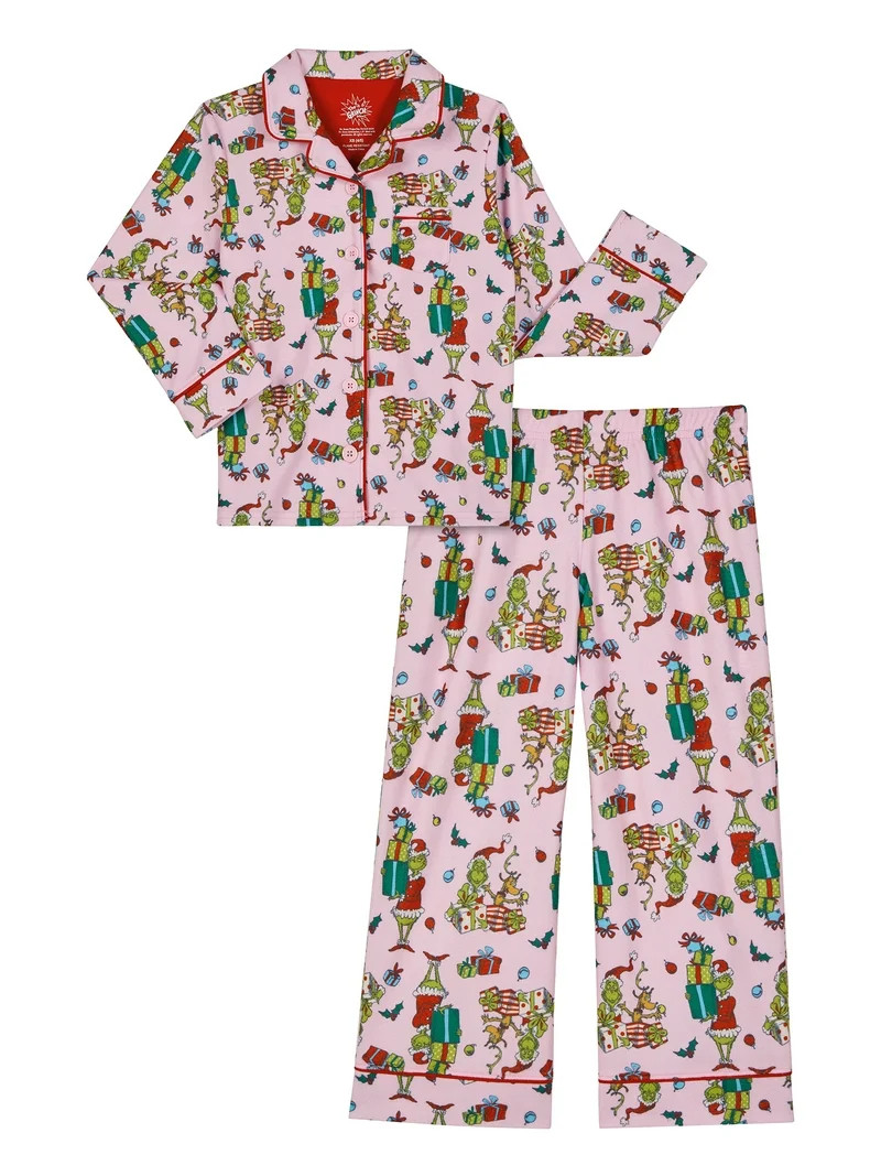 Grinch Girls Notch Collar Top and Sleep Pants Pajama Set, 2-Piece, Size L | Walmart (US)