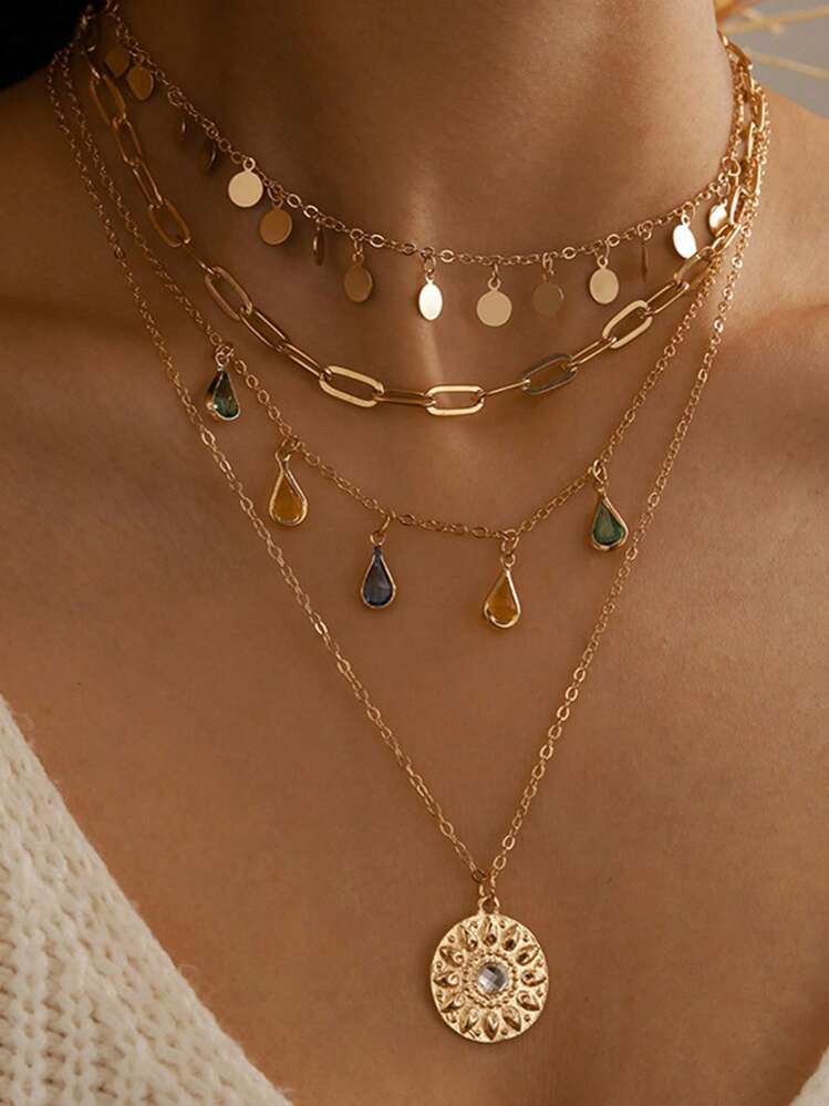 1pc Geometric Circle Tassel Necklace, Alloy Ring Rhinestone Tassel Uneven Circle Pendant 4 Layer Chain | SHEIN