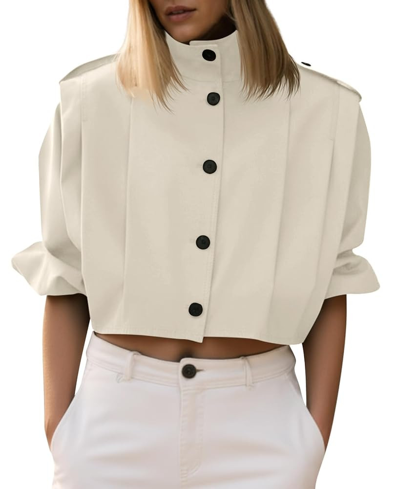 Cicy Bell Womens Cropped Trench Coats Pleated Button Down Short Jackets Fall Casual Lapel Loose F... | Amazon (US)