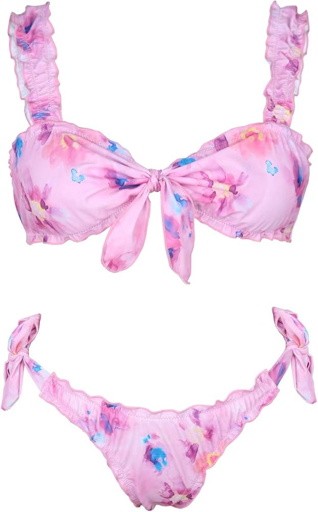 IBIZA VIBE SAVIPOP Knot Front Bikini Set Ruffle Tie Bandeau Printed Swimsuits for Women | Amazon (US)