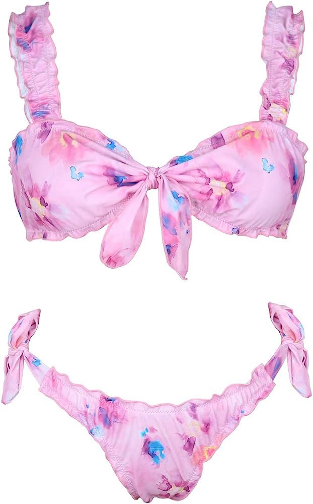 IBIZA VIBE SAVIPOP Knot Front Bikini Set Ruffle Tie Bandeau Printed Swimsuits for Women | Amazon (US)