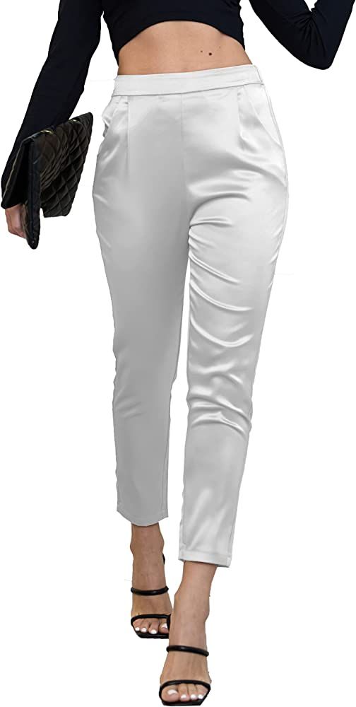 heipeiwa Women's Satin Pants Dress Casual Pleated Pull on High Waist Pants with Pockets | Amazon (US)