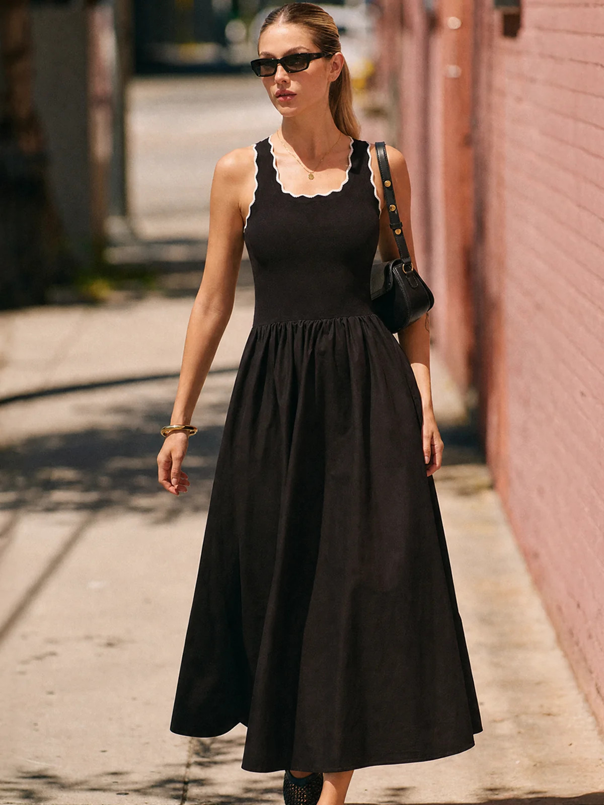 Scalloped Trim Knit-Bodice Maxi Dress | Commense