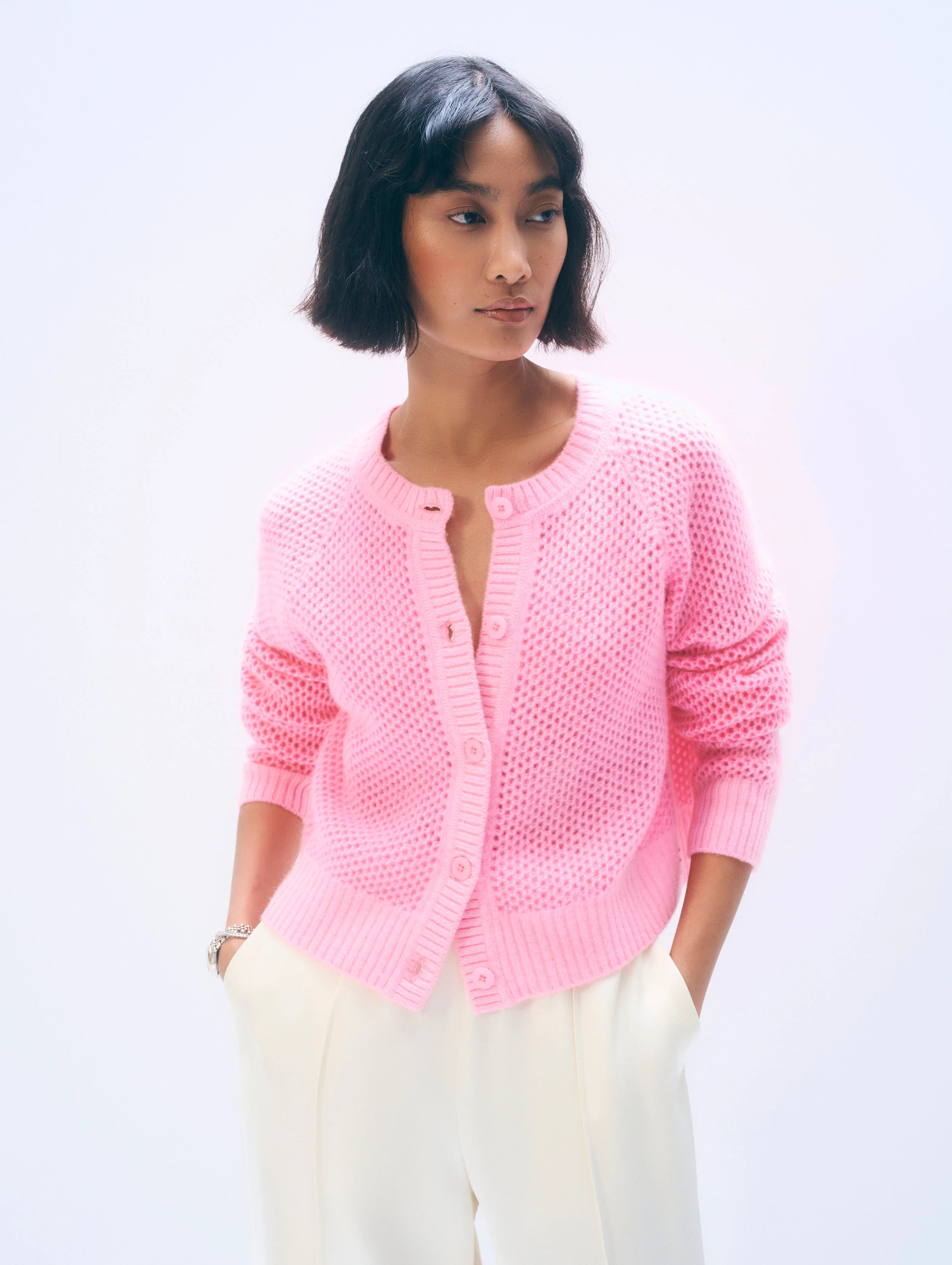 Cashmere Mesh Cardigan | Pink Buds | White and Warren