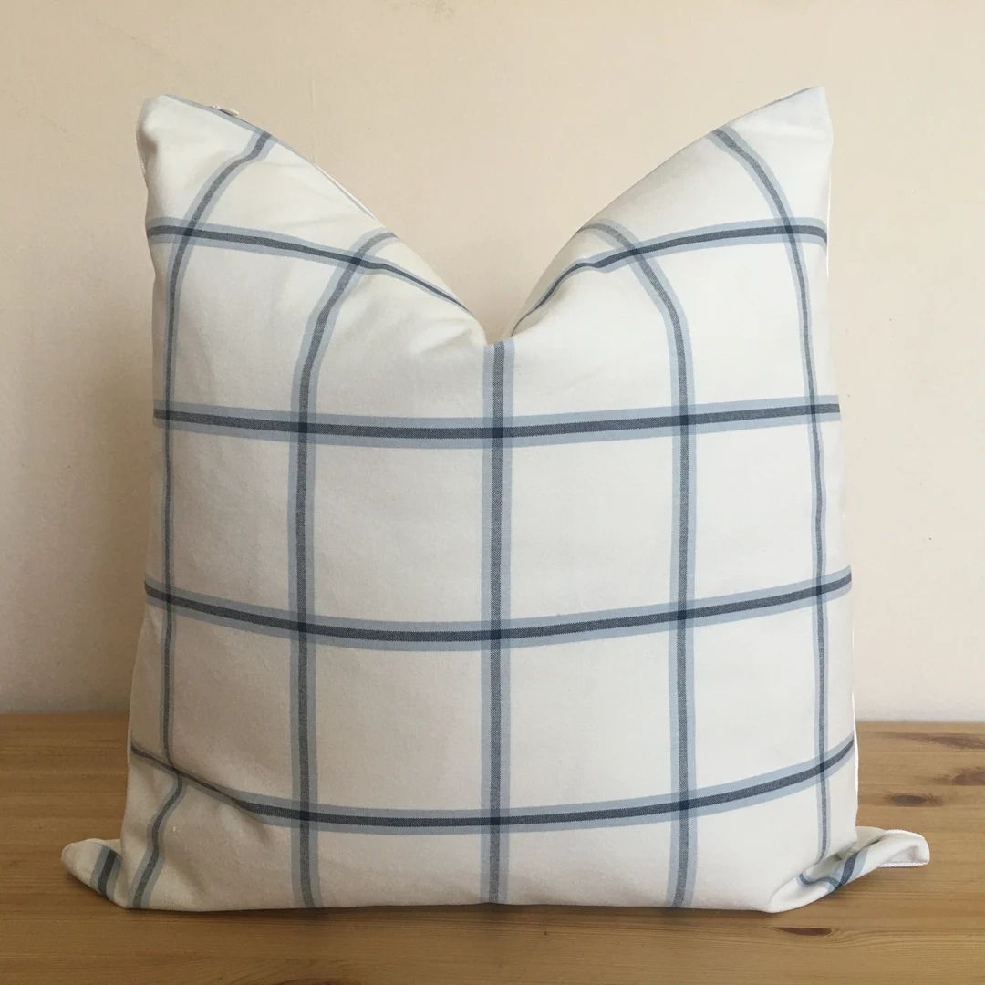 white pillow cover, coastal pillow, white blue stripe pillow, farmhouse cushion cover, windowpane... | Etsy (US)