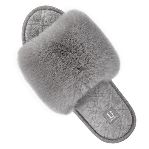 LongBay Women's Open Toe Slippers Fuzzy Fluffy Memory Foam Comfy Slip On Indoor Bedroom Home Slide (Medium / 7-8, Gray) | Amazon (US)