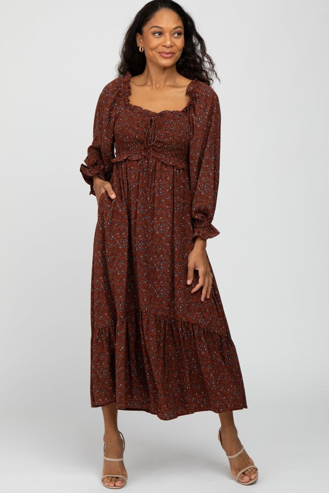 Rust Floral Ruffle Neck Midi Dress | PinkBlush Maternity
