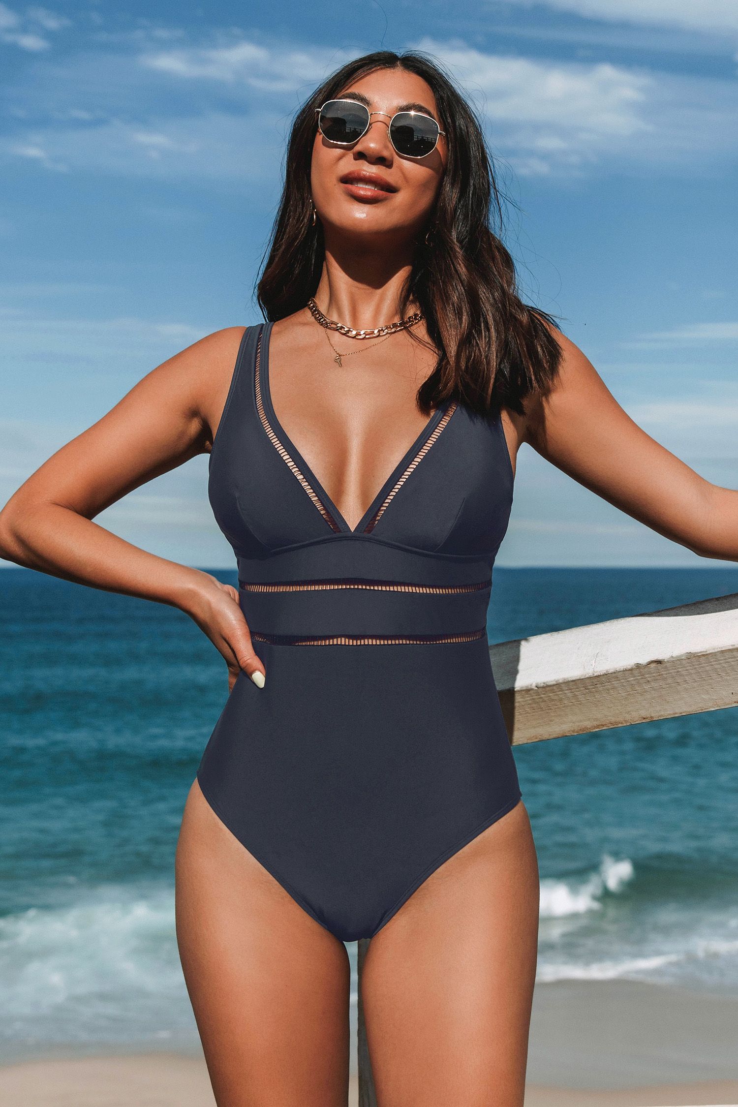 Essential Space Plunge Ladder Trim Monokini Dark Navy Swimsuit | Cupshe US