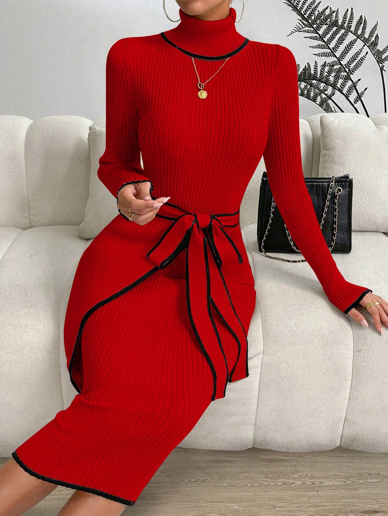 Color Block Tight Elegant Long Sleeve Sweater Midi Dress With Belt | Stylewe