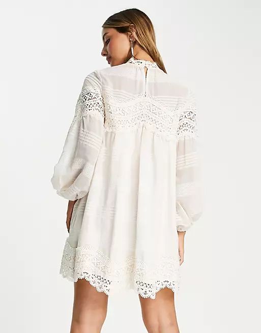 ASOS DESIGN Premium lace trim mini smock dress in cream | ASOS | ASOS (Global)
