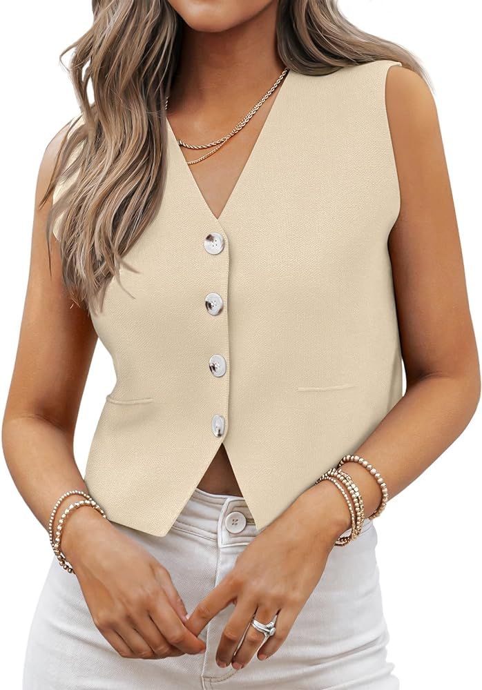 LILLUSORY Business Casual Tops for Women 2024 Dressy Sleeveless Sweater Vests V Neck Button Down ... | Amazon (US)