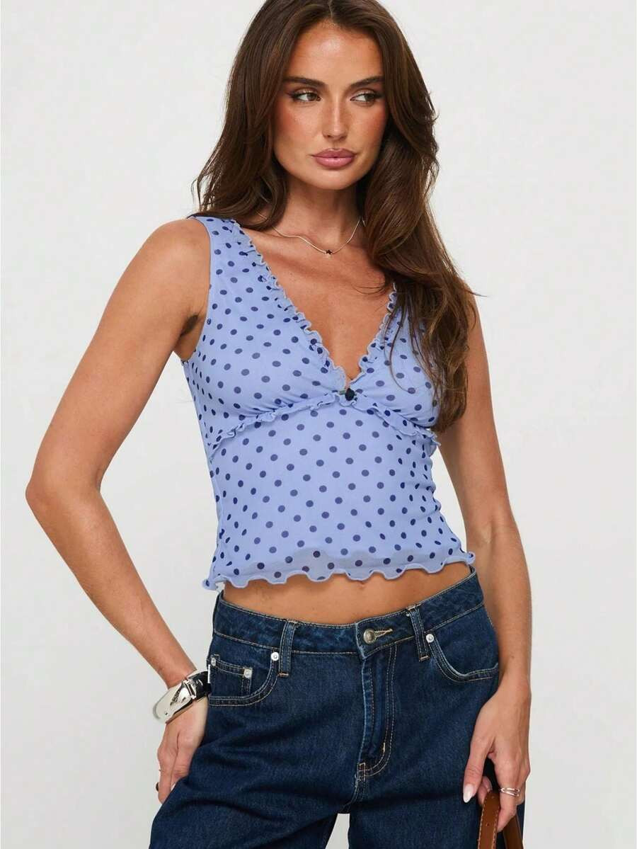 Women's Polka Dot Print Crop Camisole Tank Tops Deep-V Neck Sleeveless Pleated Hem Vest Cami Goin... | SHEIN