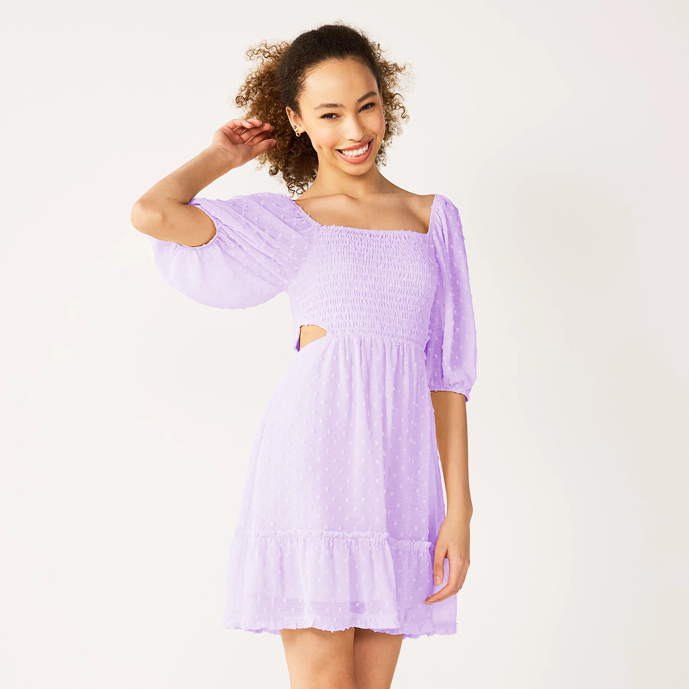 Juniors' Live To Be Spoiled Short Sleeve Smocked Clip Dot Skater Dress | Kohl's