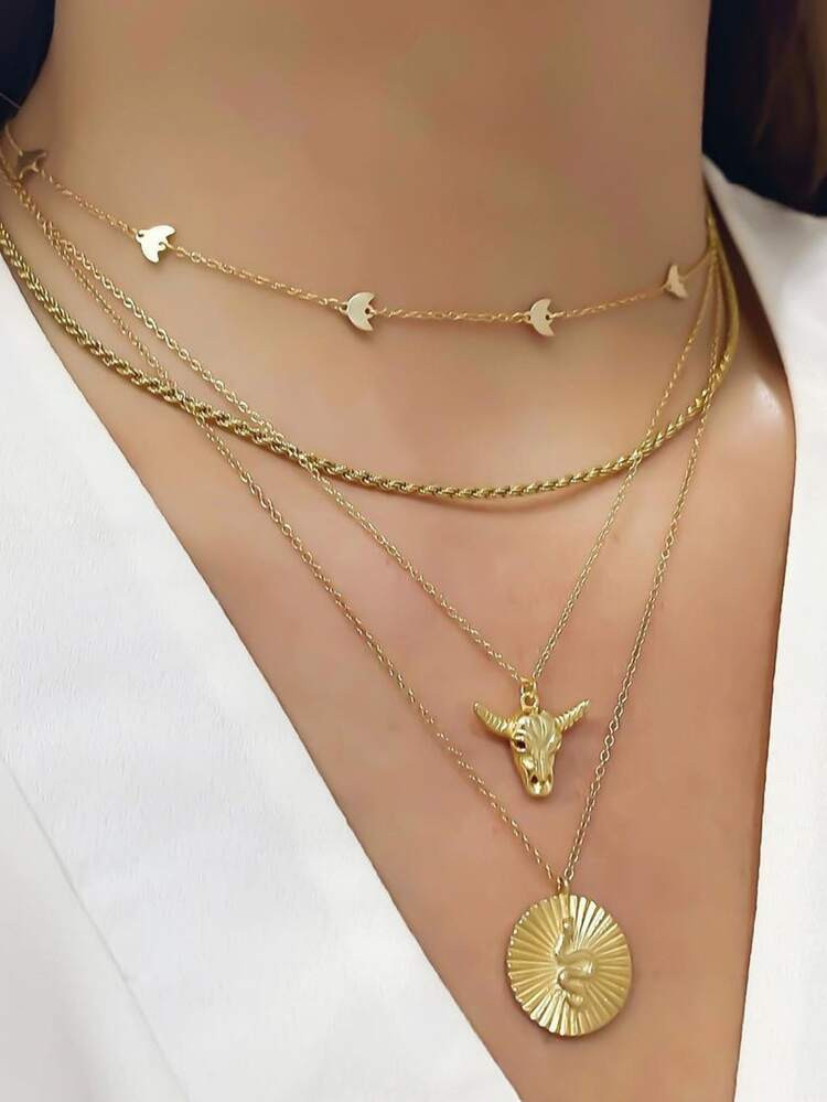 2pcs Cow Head & Moon Decor Layered Necklace | SHEIN