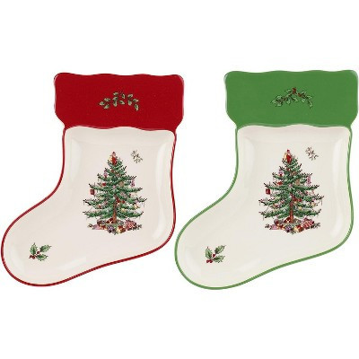 Spode Christmas Tree Stocking Dishes (Set of 2) - Red & Green Serving Platters, Candy Trinket Tray, 7" Fine Earthenware Plates, Dishwasher Safe | Target