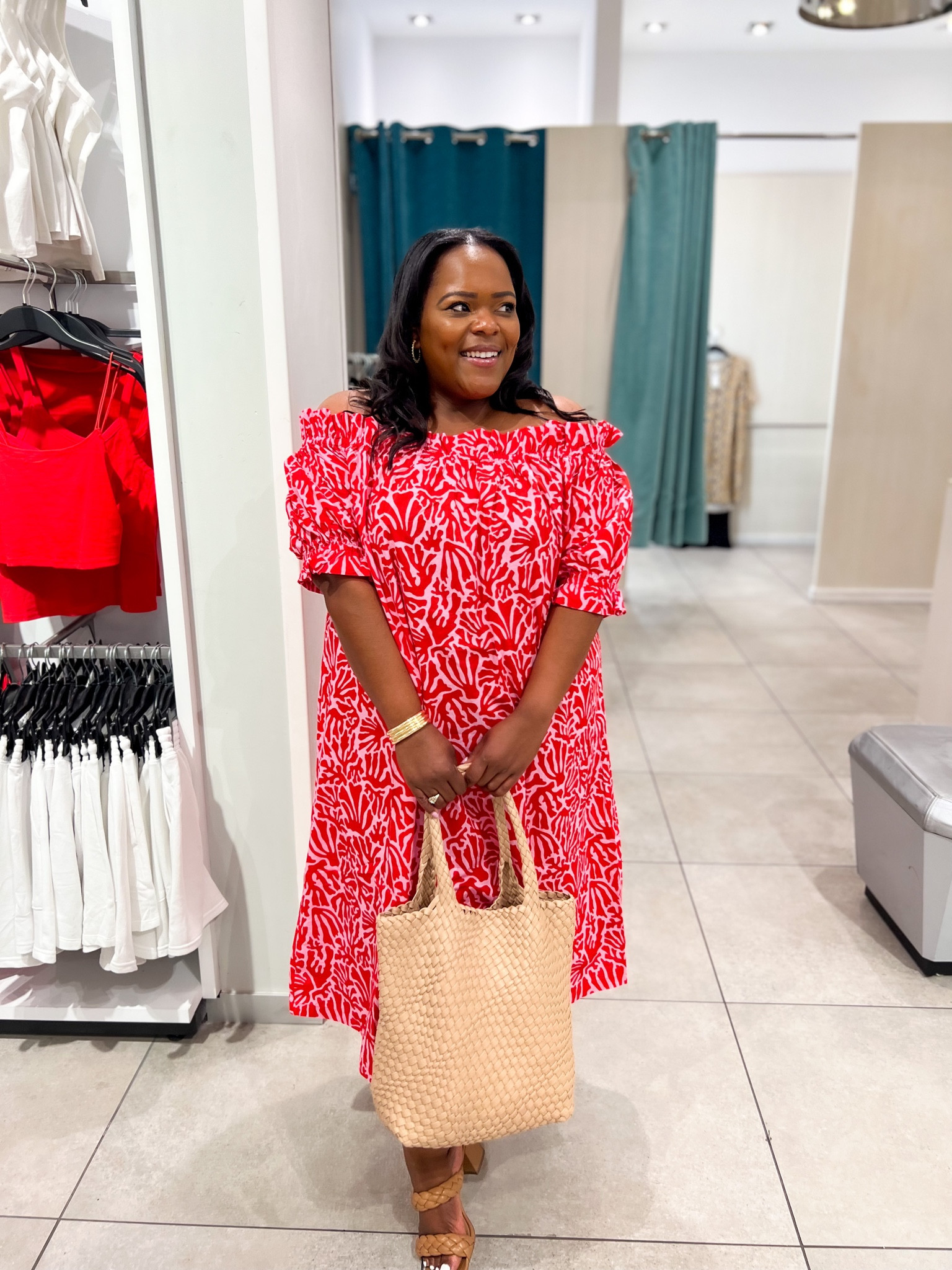 Off shoulder red printed dress from H&M. Wearing a size XL. 

#LTKwedding #LTKcurves #LTKunder50