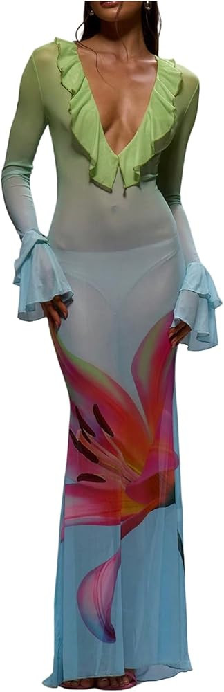 Floerns Women's Summer Flower Mesh Long Dress See Through Ruffle Trim V Neck Party Bodycon Dresse... | Amazon (US)