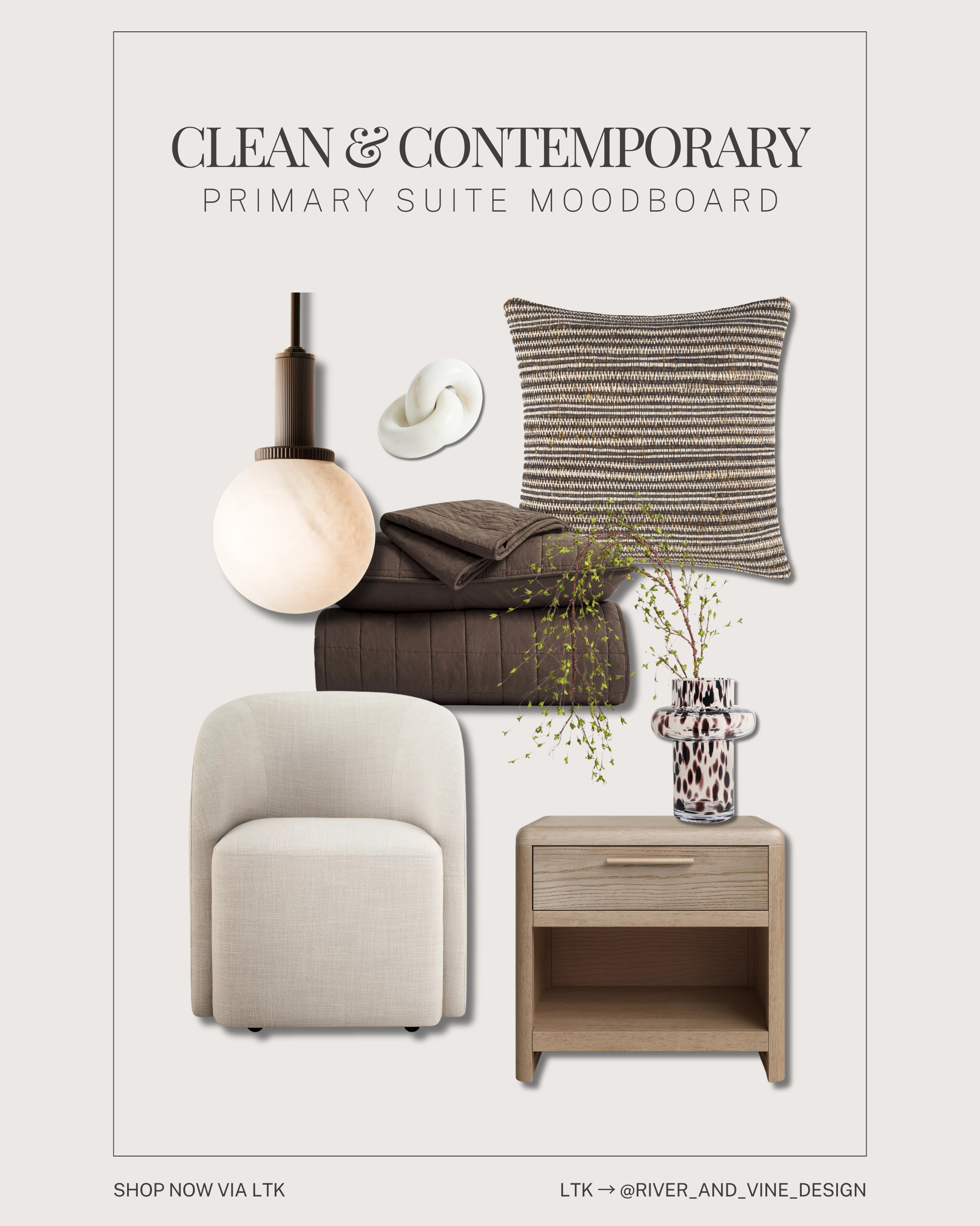 Clean, simple, and intentionally layered. ✨

This primary suite moodboard is all about soft contrast and quiet texture — warm woods, creamy upholstery, subtle pattern, and rich brown accents that add depth without overwhelming the space.

The mix of linen, quilted textiles, woven details, and sculptural decor keeps everything feeling elevated while still calm and livable. Paired with warm lighting and organic shapes, this is the kind of space that feels effortless, grounded, and pulled together.

If you love clean contemporary bedrooms, warm neutral palettes, minimal but layered design, and timeless furniture, this is the direction I’d take every time. 

 #LTKHome
