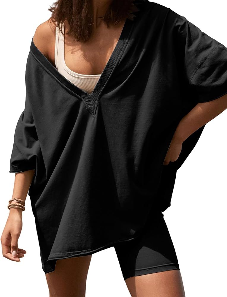 GTLIAE Womens Oversized 2 Piece Outfits Reversible Short Sets V Neck T Shirt Tops Biker Shorts Wo... | Amazon (US)