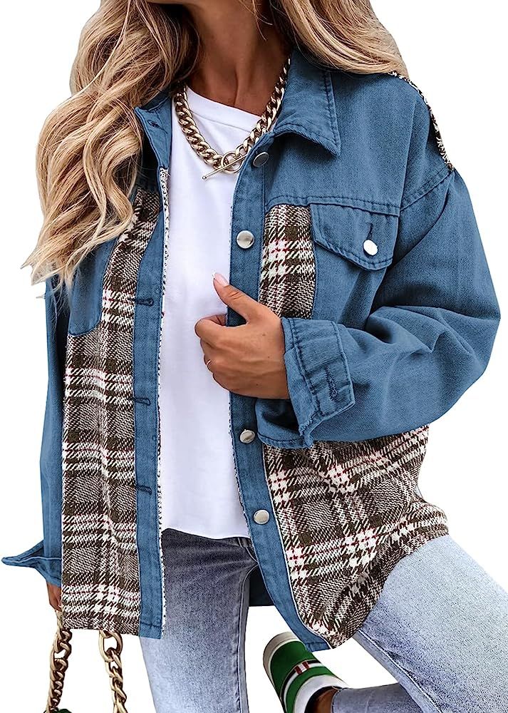 Astylish Women Jean Jacket Long Sleeve Button Down Plaid Oversized Denim Shacket Jackets | Amazon (US)